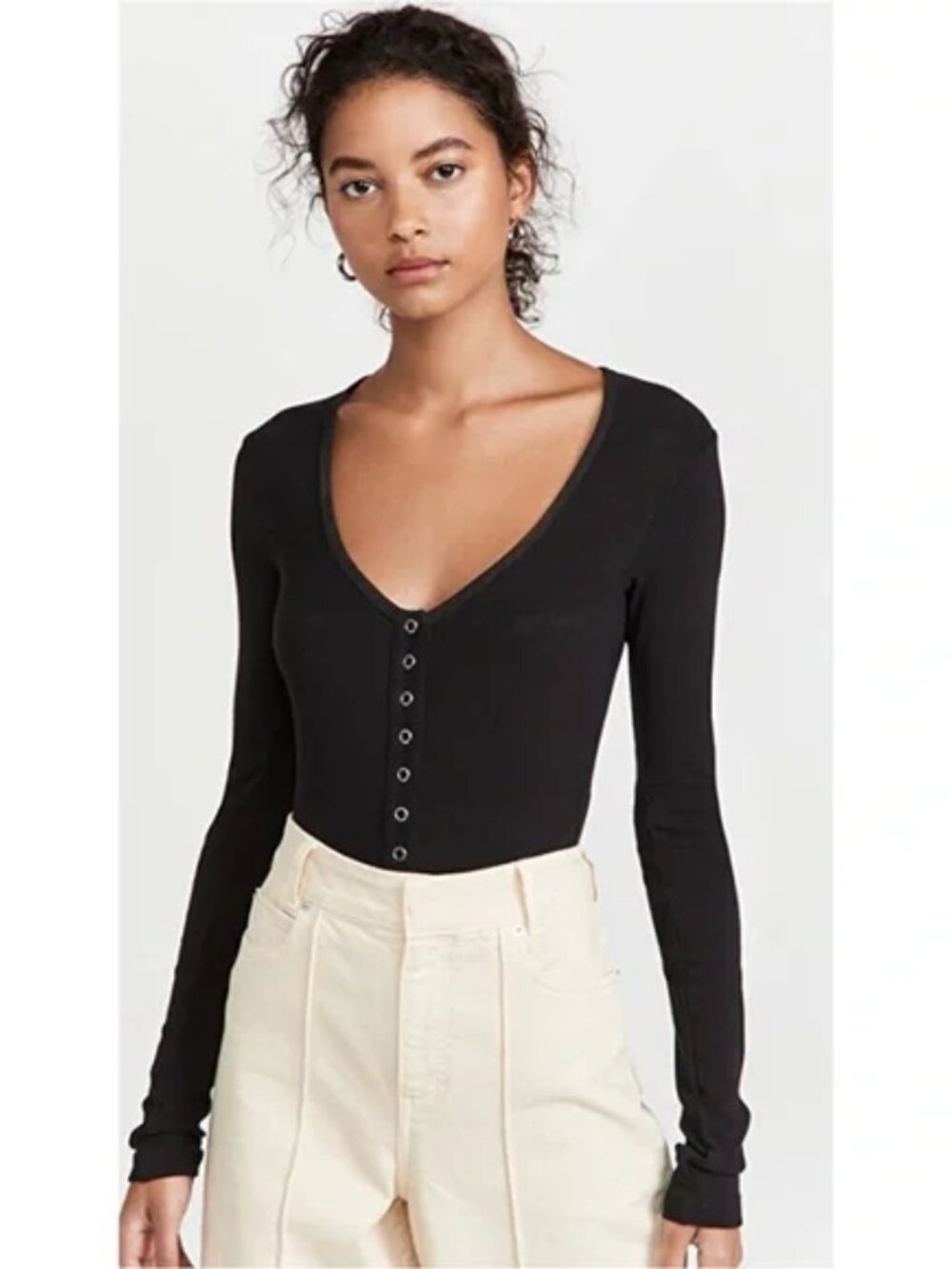 A.L.C. Anya Bodysuit Black Long-Sleeve Scoop Neck Snap-Front size L Minimalist
